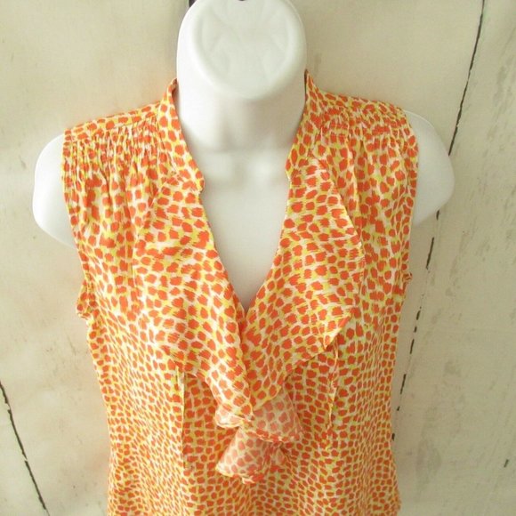 Ann Taylor Top XS Petite Orange Yellow Print Ruffle Sleeveless V Neck - Picture 2 of 6